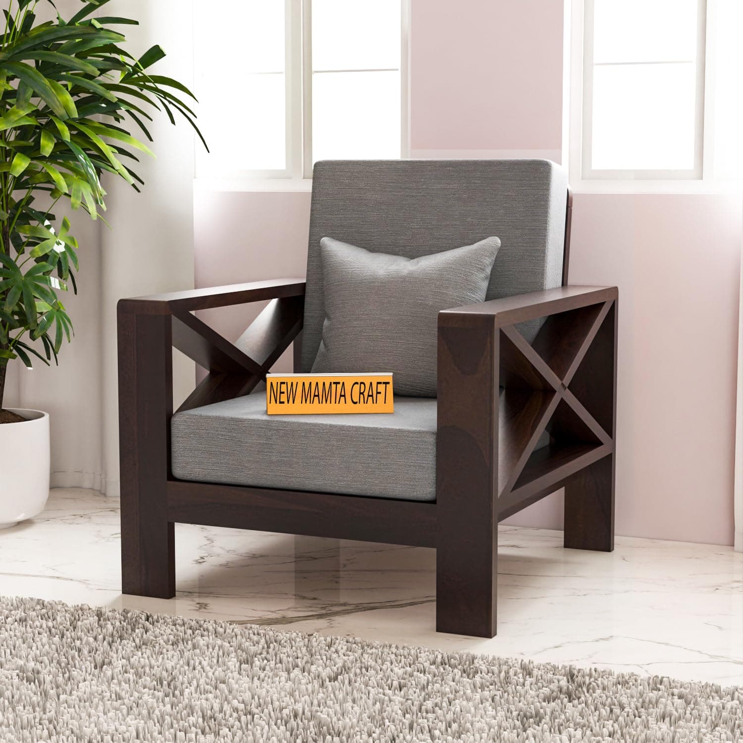NEW MAMTA CRAFT Sheesham Wooden 1 Seater Sofa for Living Room | Rosewood 1 Seater Cushion Sofa X-Legs | Solid Wood Sofa Set for Lounge (40 Density Cushion,Walnut Finish)