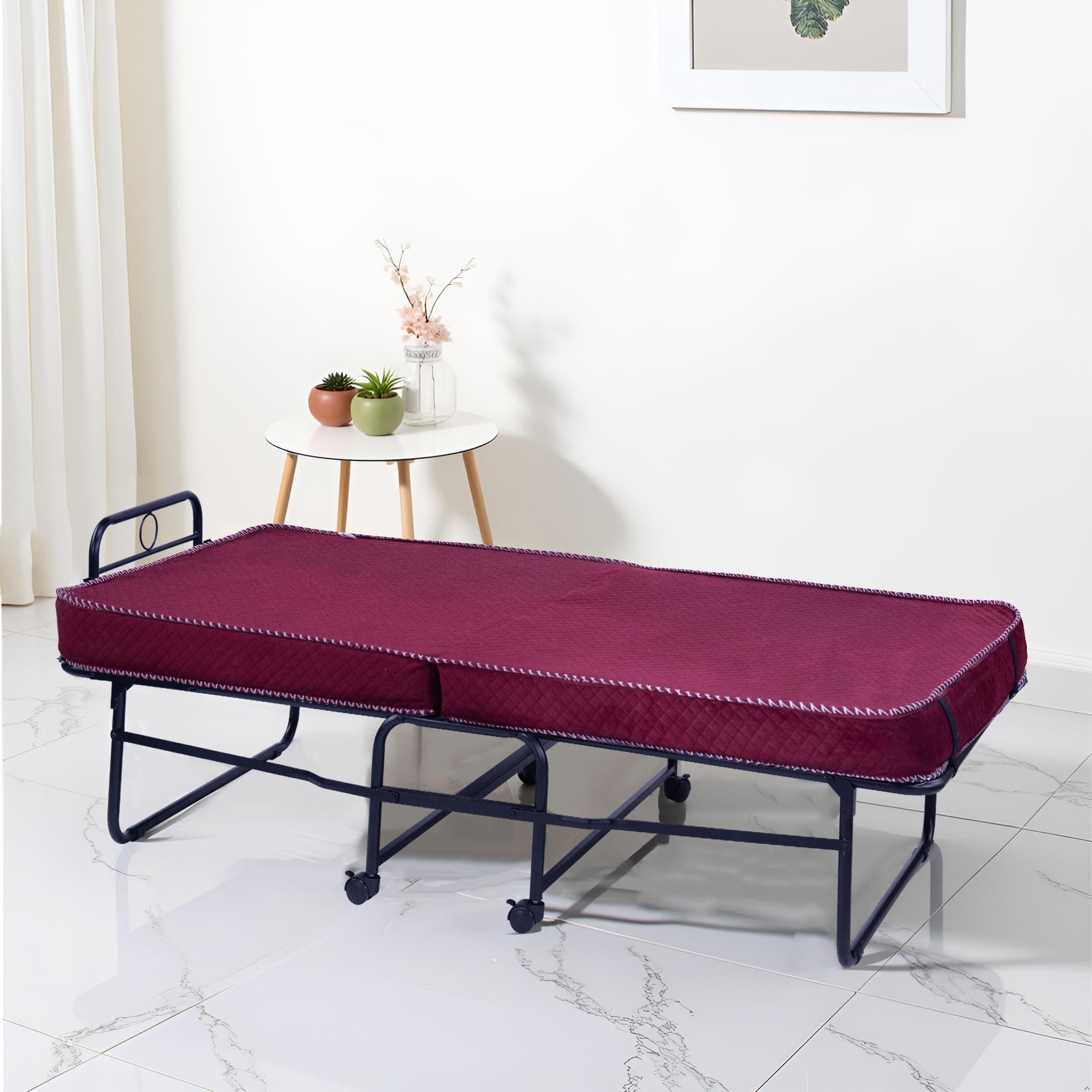 Spacecrafts High-Density Folding Cot with Mattress |Pre-Assembled | Metal Folding Bed Single with Wheels | Portable Space-Saving Guest Bed for Home & Office (3 ft x 6.3 ft) (Maroon)