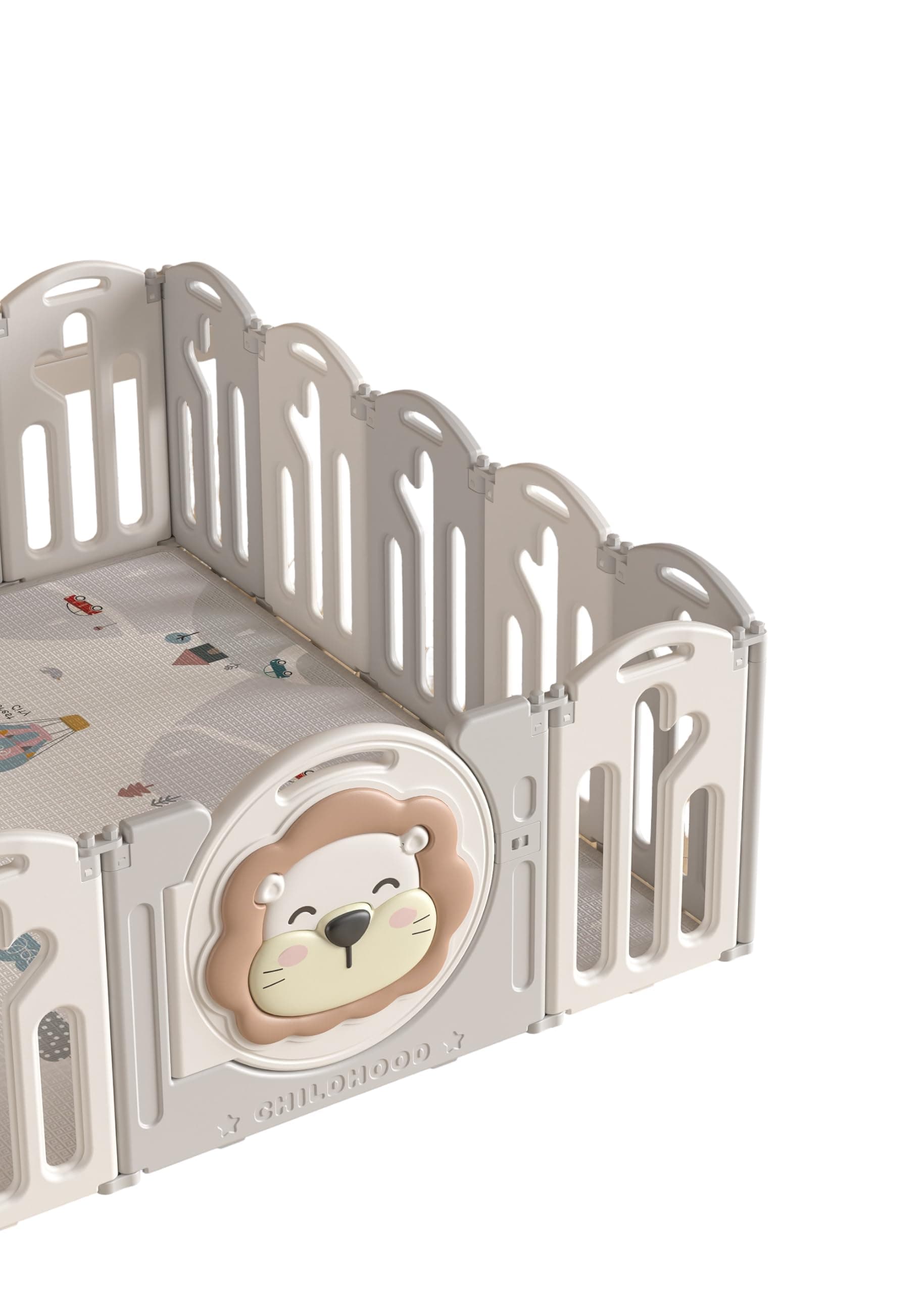 BabyLiv 31 Sq Ft Extra Large Baby Playpen | 16-Panel Lion Theme with Soft Mat & Basketball Hoop | Indoor/Outdoor Toddler Activity Fence | Grey-White | ISO & CE Certified