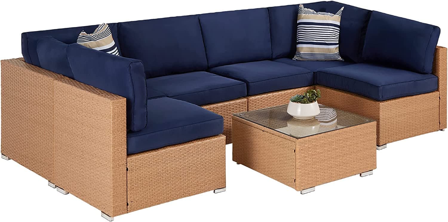 DEVOKO Outdoor Wicker 6-Seater Sectional Sofa Set with Powder Coated Iron Frame and Water Resistant Cushions for Garden, Poolside, Patio, Porch (Beige and Navy Blue)