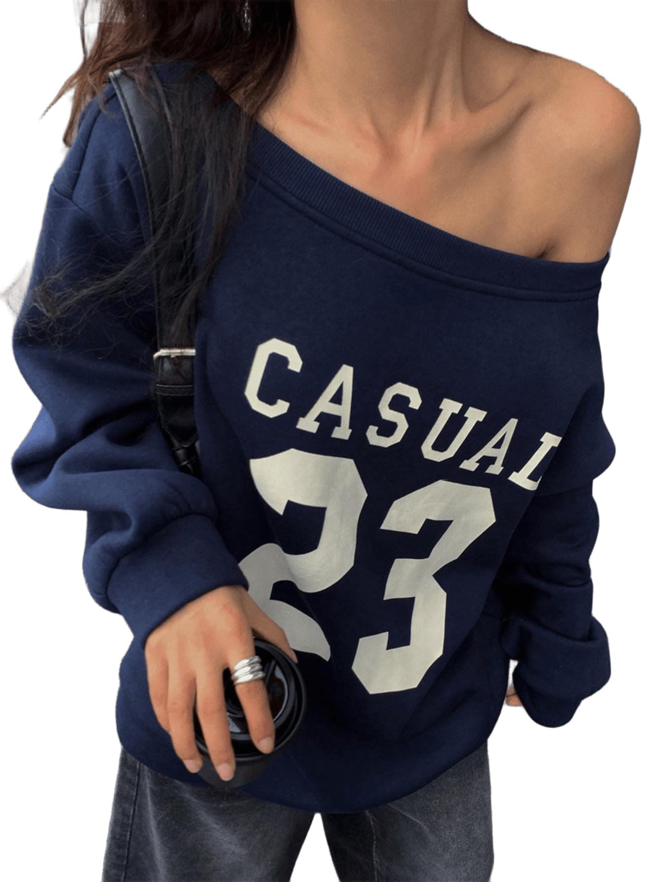 SXV STYLE Women's Off Shoulder Casual Sweatshirt, Navy Blue with White '23' Graphic Print