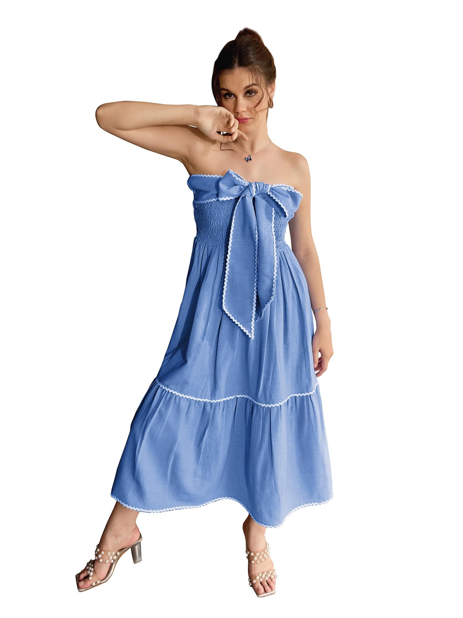 PURVAJA Women's Strapless Midi Sleeveless Solid Dress