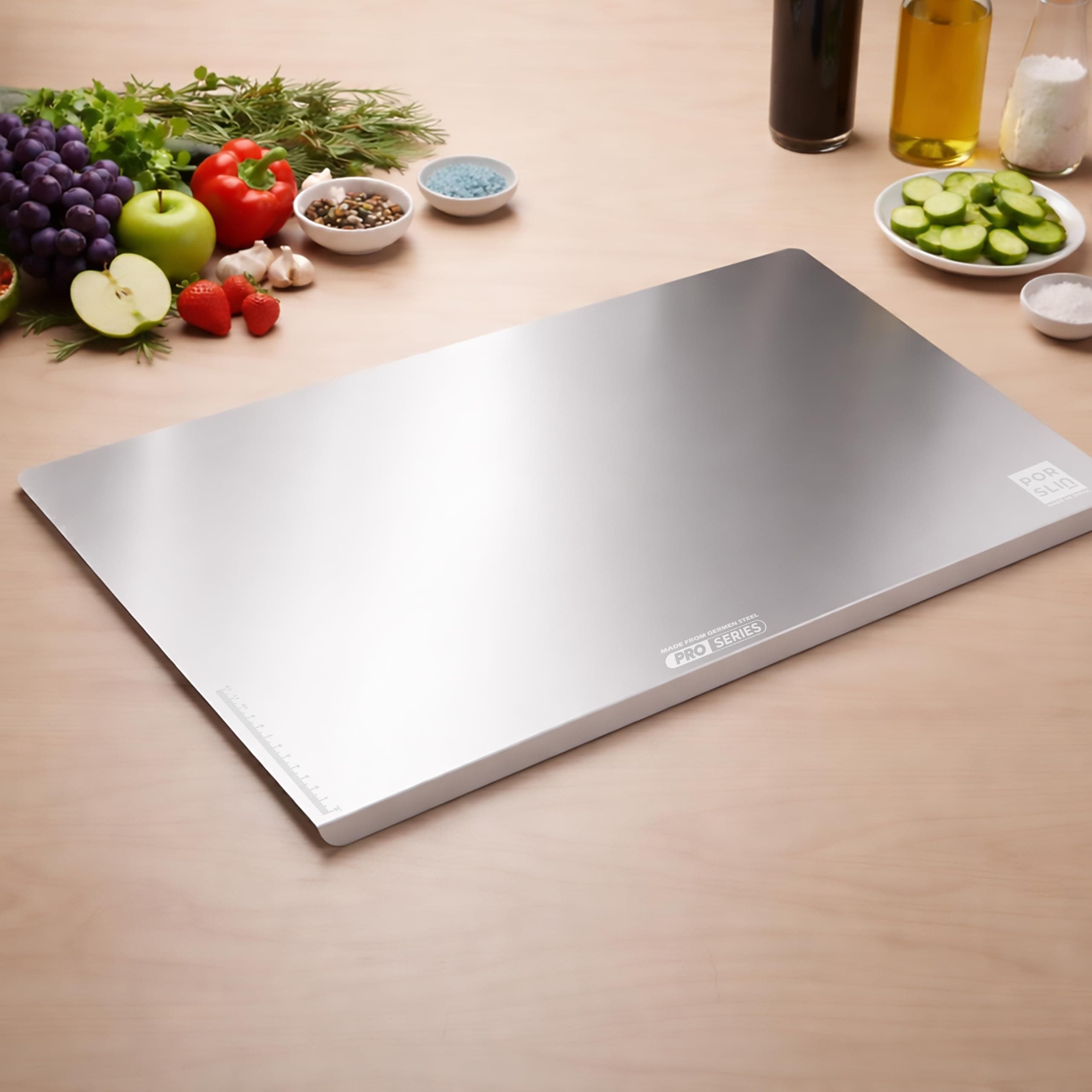 Porslin by Phillip Chef Special 16x24 Inch Extra Large Stainless Steel Kneading Board with Lip, Kitchen Countertop Cutting Chopping Board, 304 Metal Atta Roti Dough Board, Heavy Duty Non Slip Baking