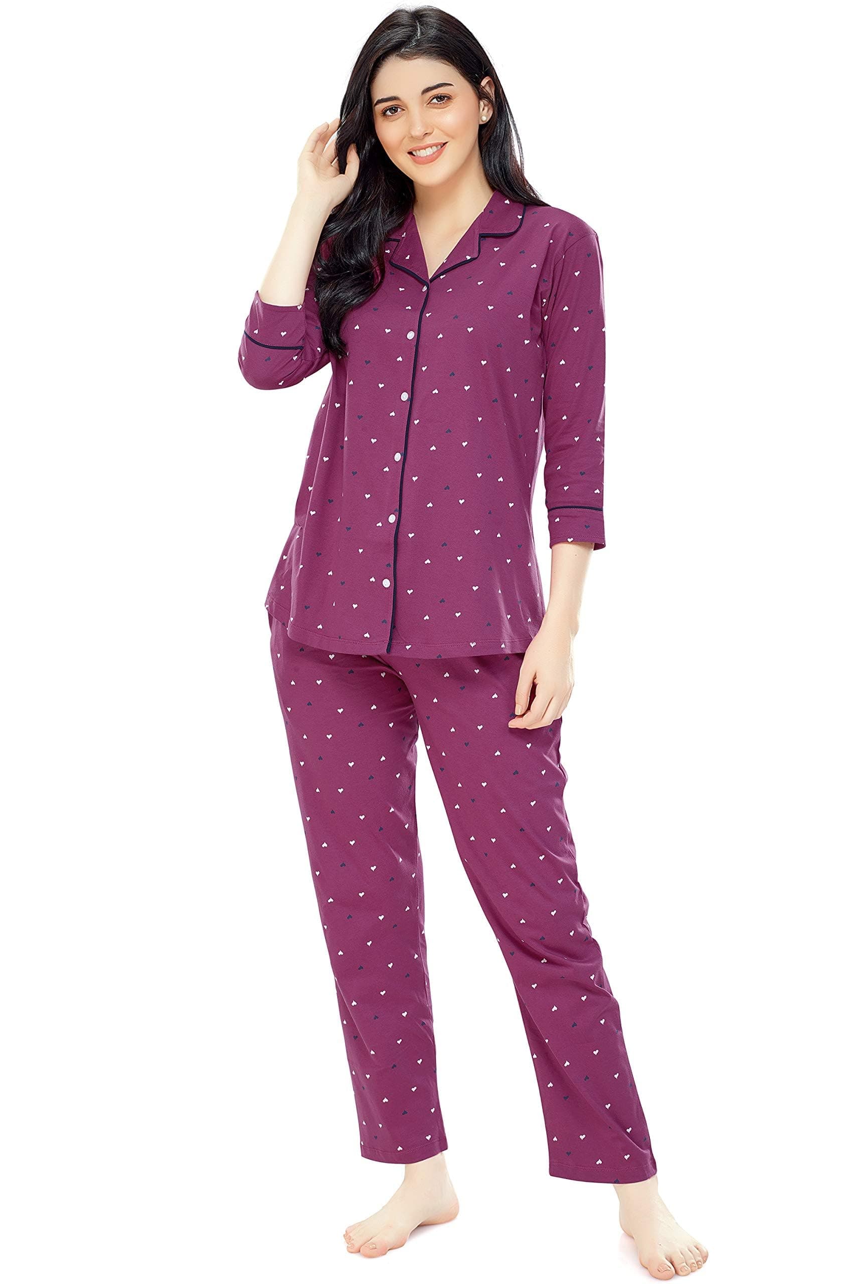 ZEYO Women's Cotton Heart Printed Night Suit Set of Shirt & Pajama Set 5152 (Available in Plus Size)