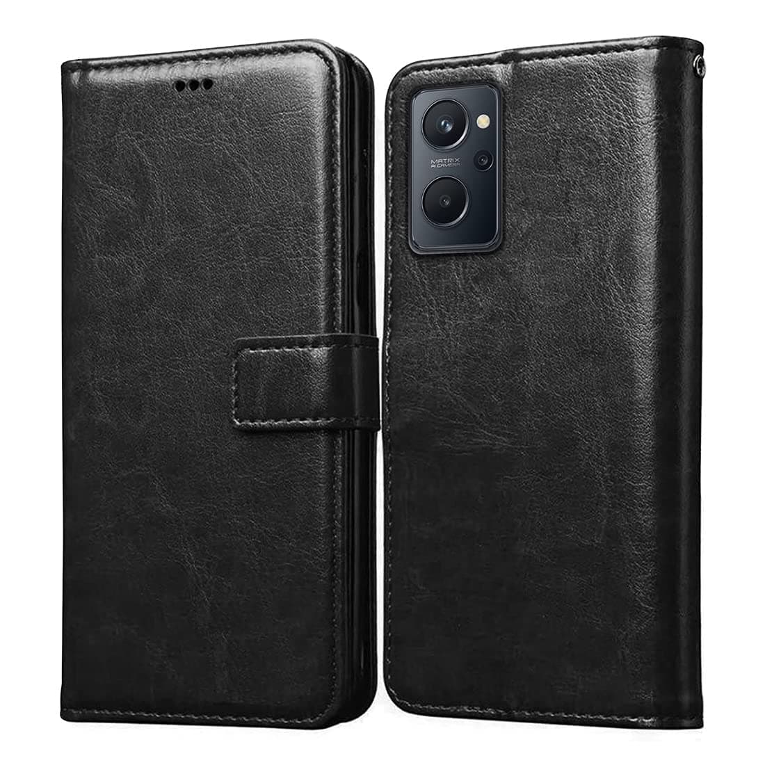 Amazon Brand-Solimo Flip Leather Mobile Cover (Soft, Flexible & Kickstand Back case) Compatible for Realme 9i 4G (Black)