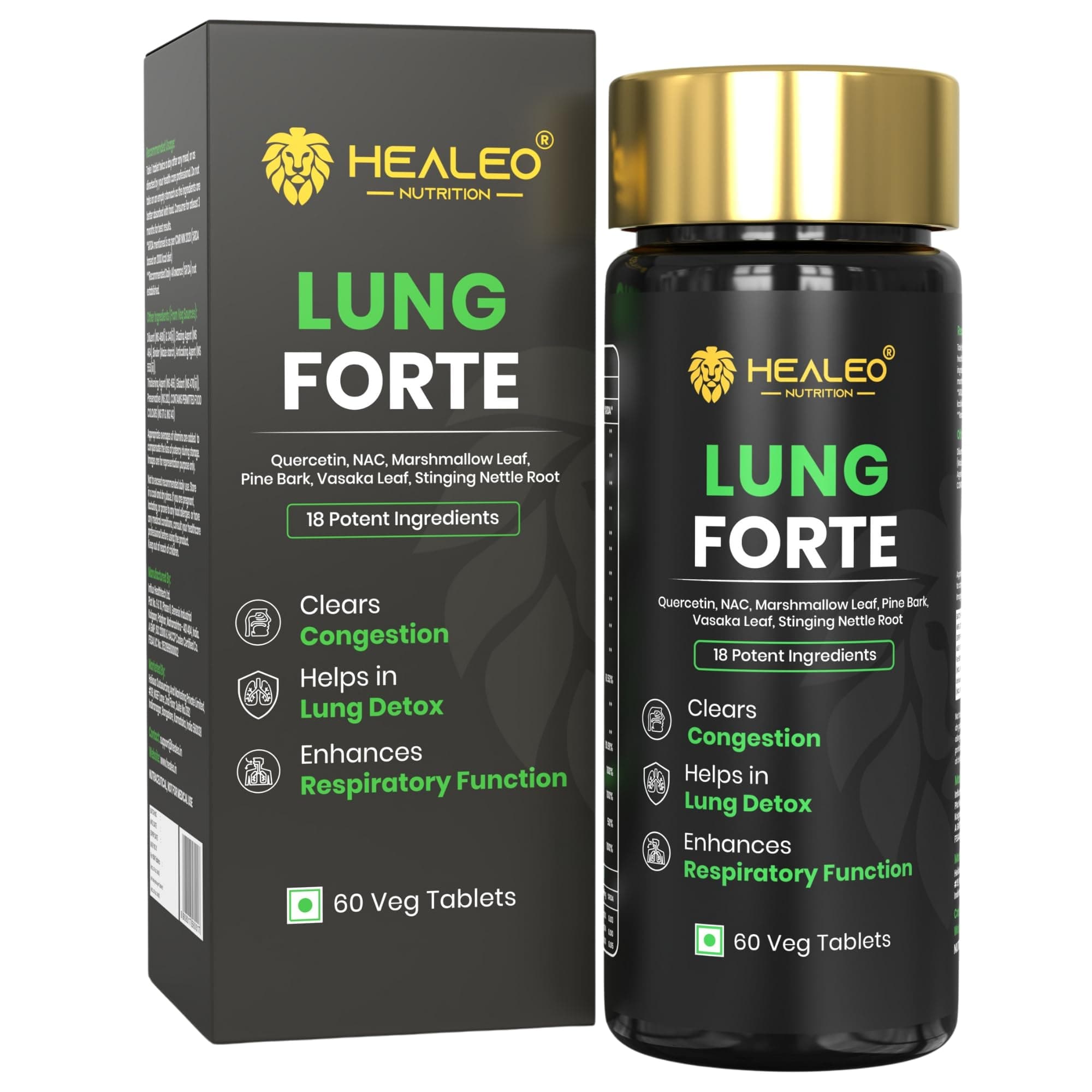 Healeo Lung Forte, 18-in-1 Lung Detox with Quercetin, NAC, Stinging Nettle, Vasaka - Lung Cleanse Supplement for Smokers - Removes Tar & Mucus from Lungs - Lab Tested - 60 Veg Tablets