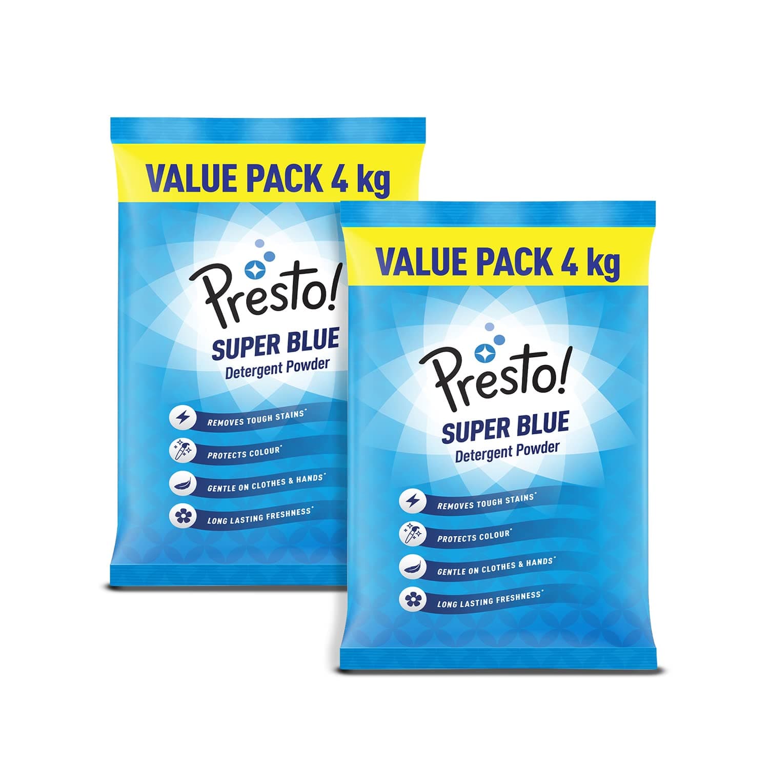 Amazon Brand - Presto! Super Blue Premium Detergent Powder | 8 Kg | 4 Kg X 2 Packs | Removes Tough Stains | Safe And Gentle On Fabrics | Refreshing Floral Fragrance | Machine And Hand Wash