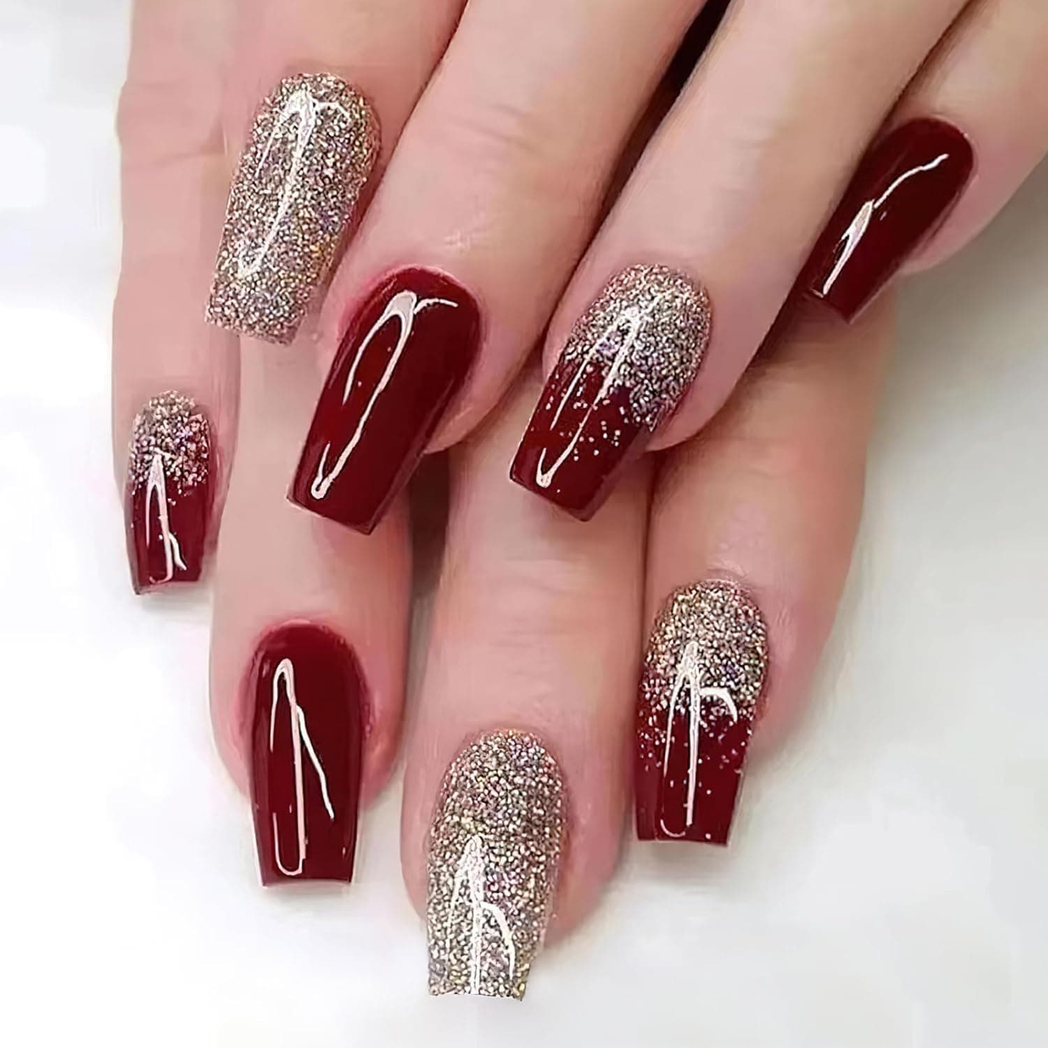 Gloss & Go 24 Reusable Artificial Fake Nail Set| Maroon Colour With Golden Glitter Long Glossy Nails| Lightweight & Long Lasting| Easy To Use| Quick Fix For Festivals & Special Occasions