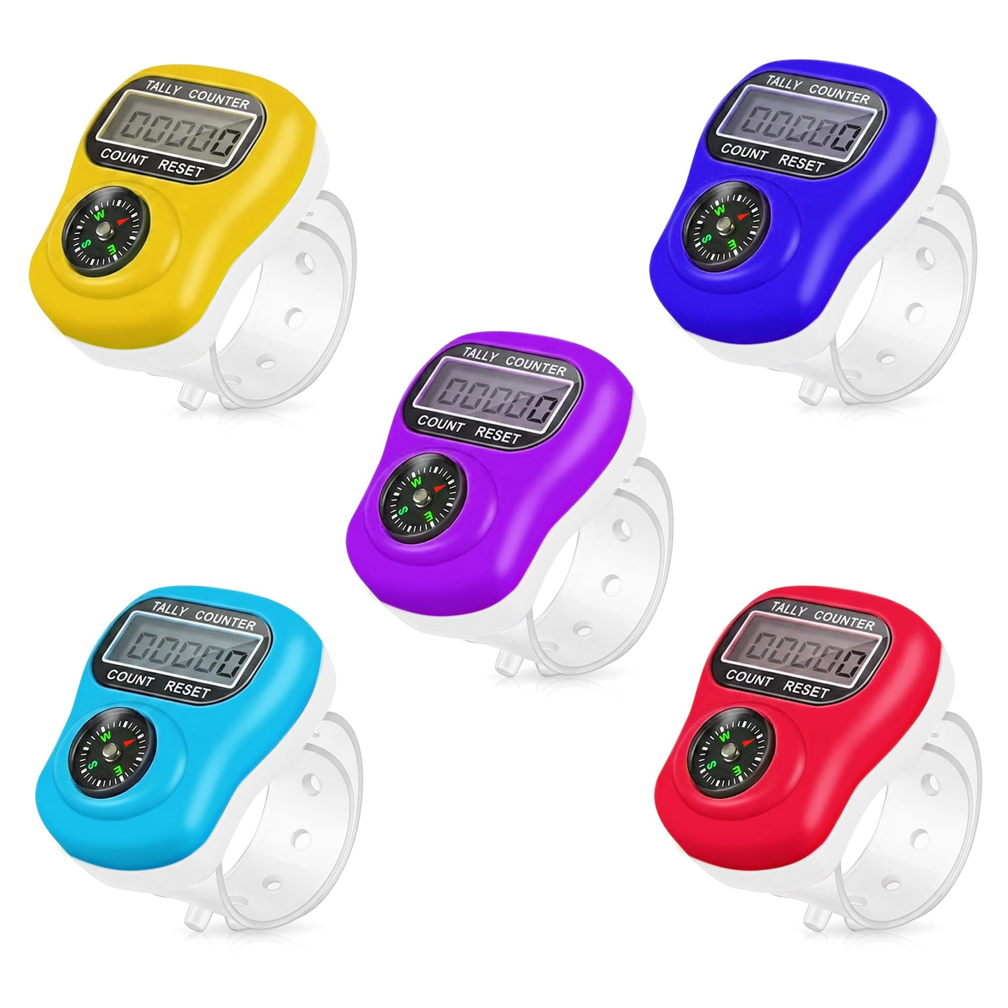 GLUN® Portable Finger Counter Ring Pack of 5 with Navigation Compass, 5-Digit LCD Display Digital Click Counter for Prayer, Meditation, Knitting & Sports Counting
