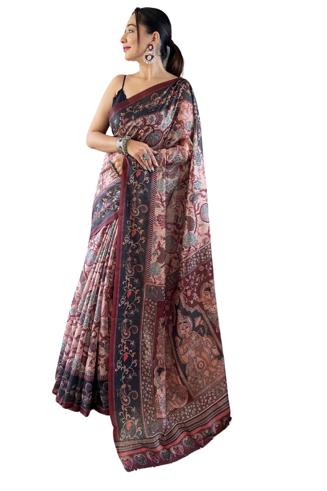 SGF11 Women's Kalamkari Cotton Linen Silk Saree With Blouse Piece