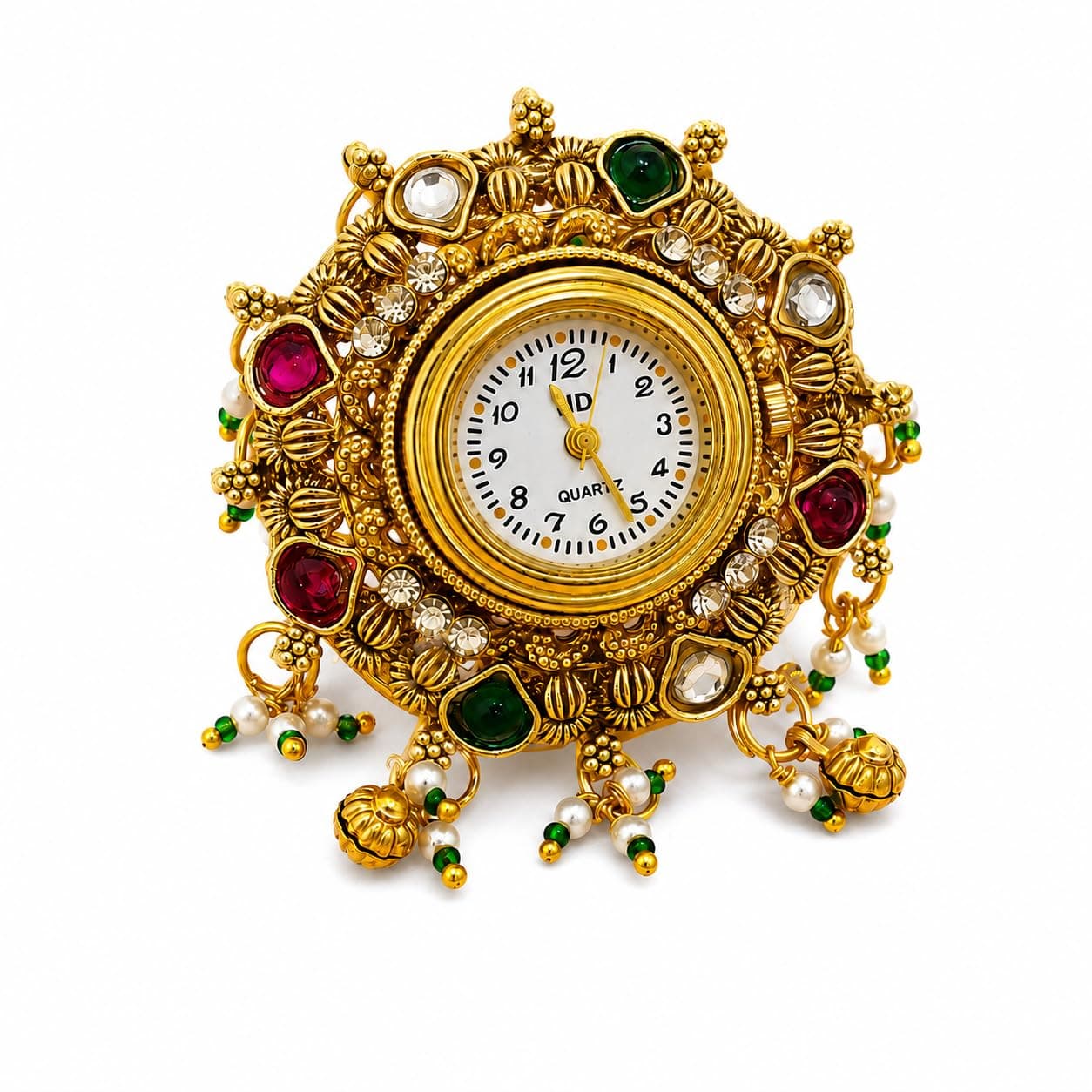 GC PREMIUM JEWELLERY Antique Kashmiri Finger Ring Watch for Women | Gold Plated Traditional Designer Floral Ring Watch with Red Green & White Artificial Stones