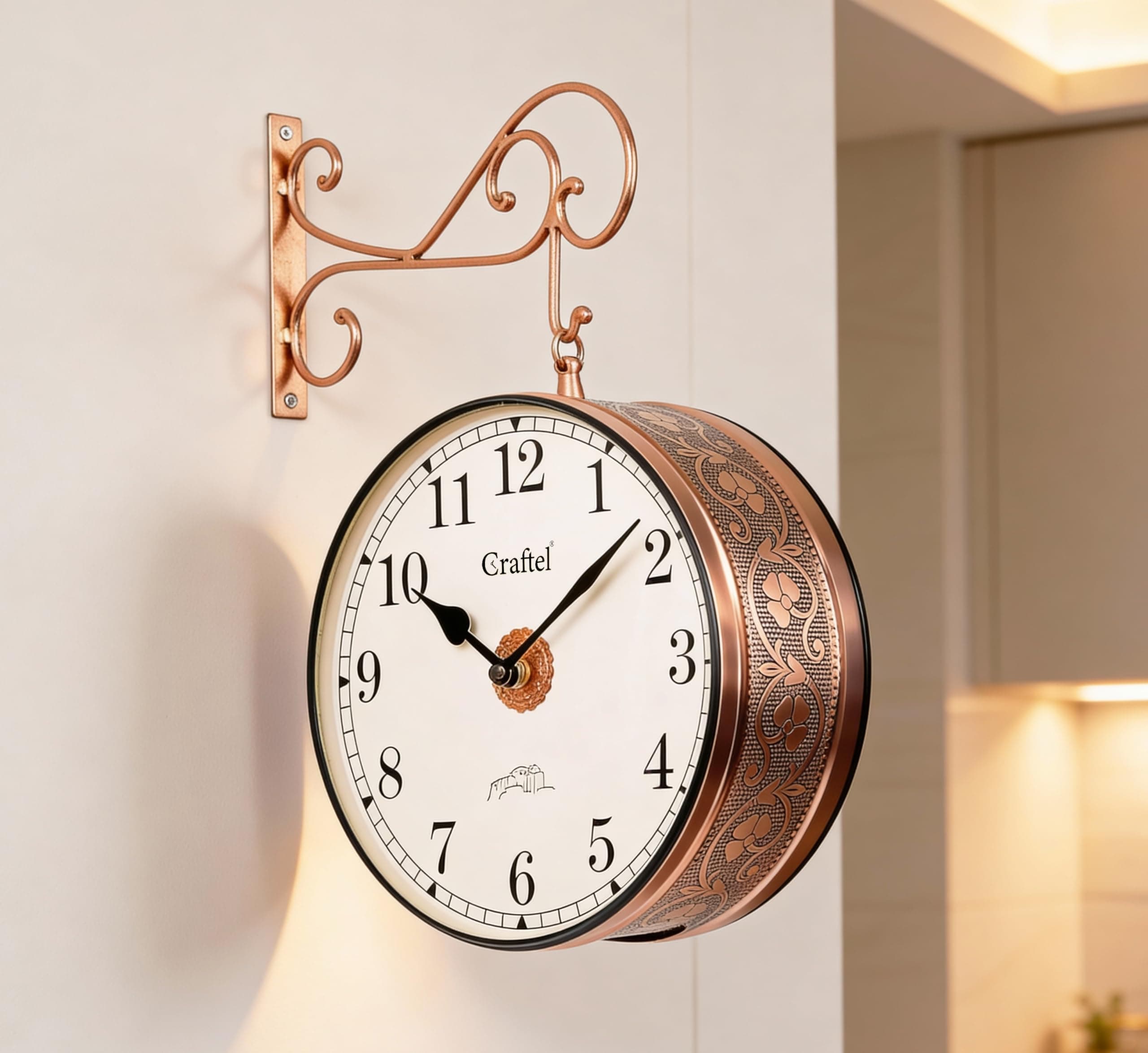 CRAFTEL Silent No Ticking Double Sided Station Wall Clock Electroplated | Both Side English Numerals | Aluminum Dial Brass Body | Dial - 12 Inches, Rose Gold | 365 Days Warranty