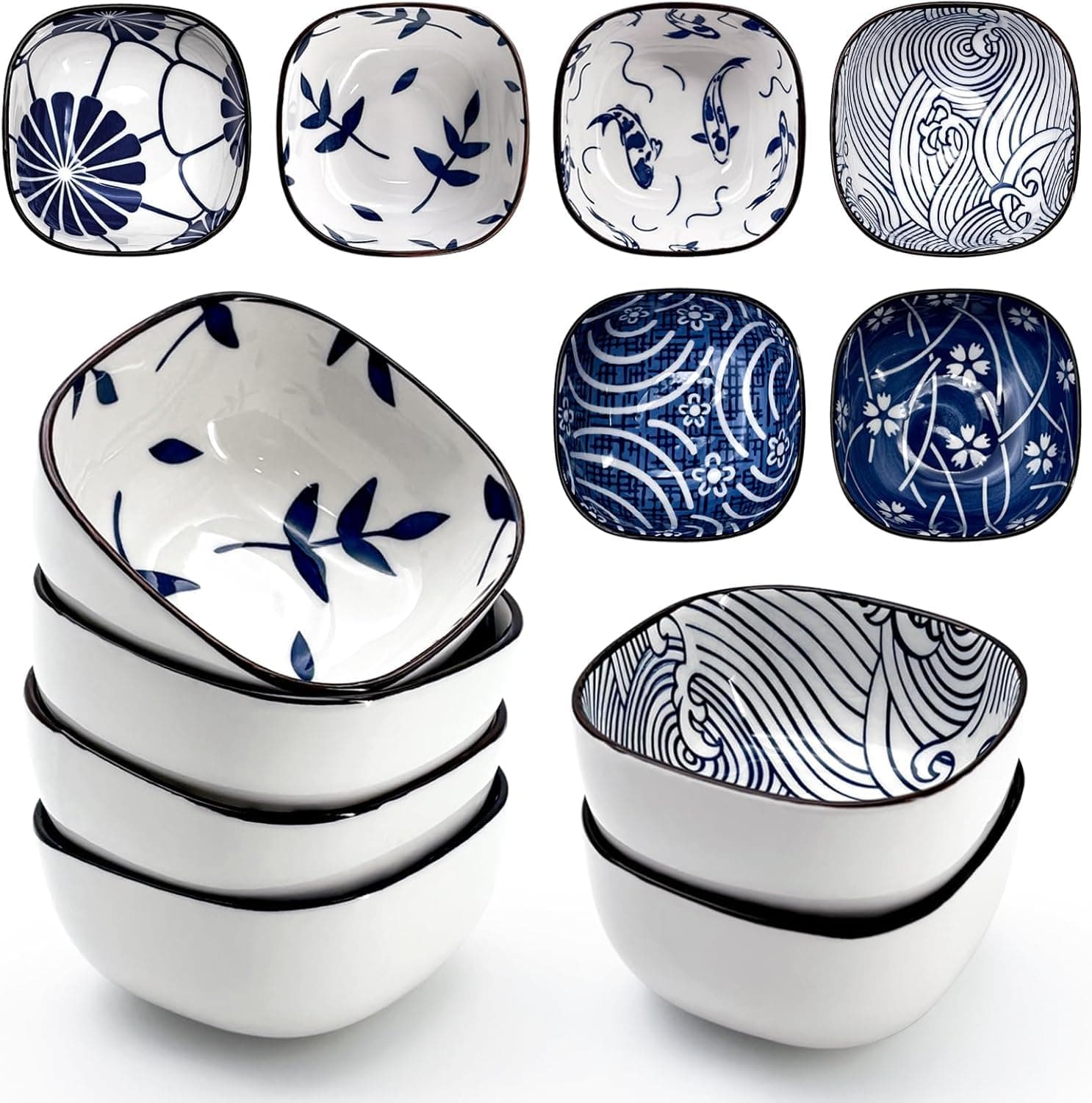 KPNG Japanese Style Ceramic Bowls, Set of 6, 9.2 cm, Decorative Dip Bowls for Cereal, Soup, Pasta, Oatmeal, Salad and Rice, Microwave and Dishwasher Safe (Pack of-6)