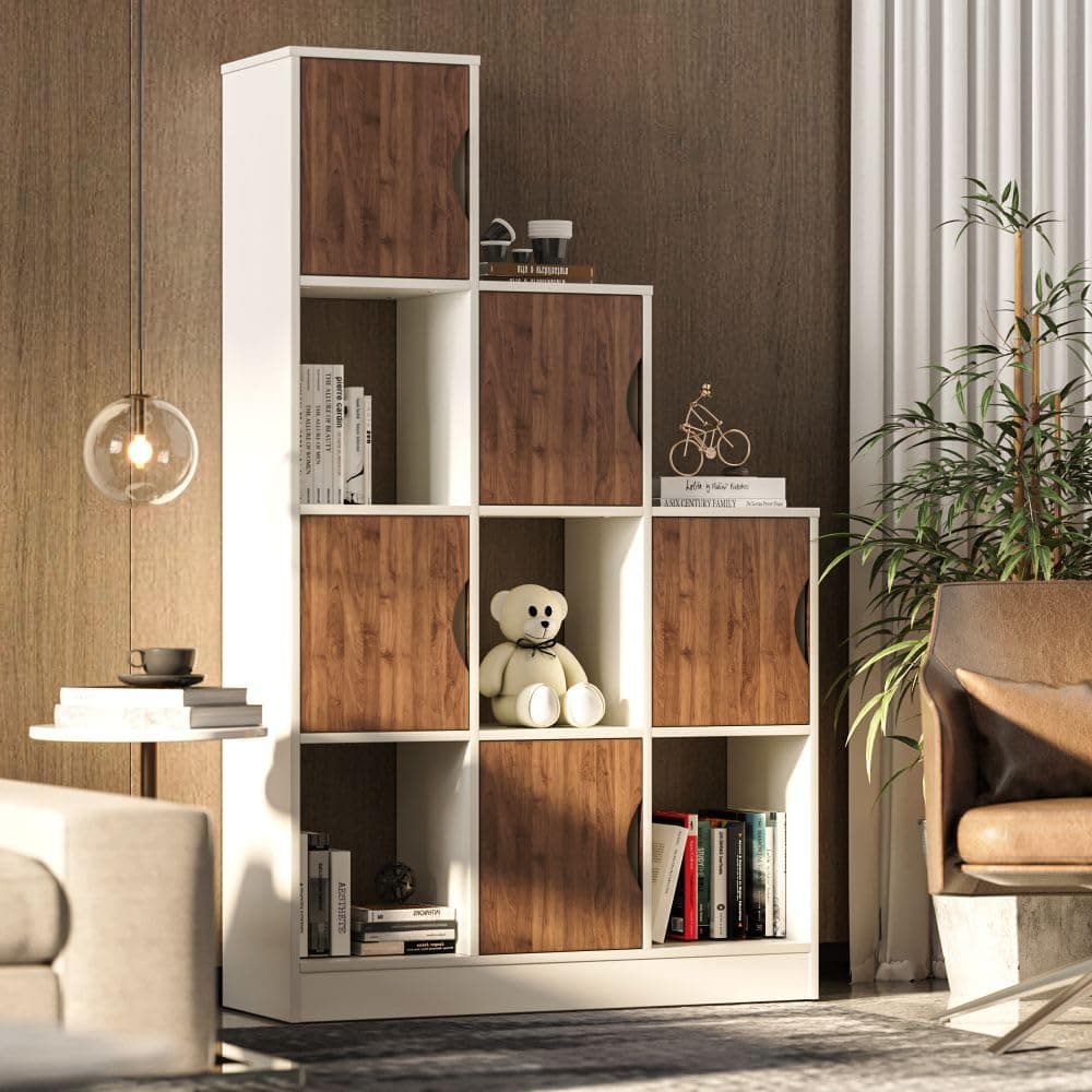 Wakefit Book Shelf for Home | 1 Year Warranty | Book Shelf for Home Library, Wall, Book Stand, Engineered Wood, Matte Finish, 9 Shelve - Wilde (White & Walnut)
