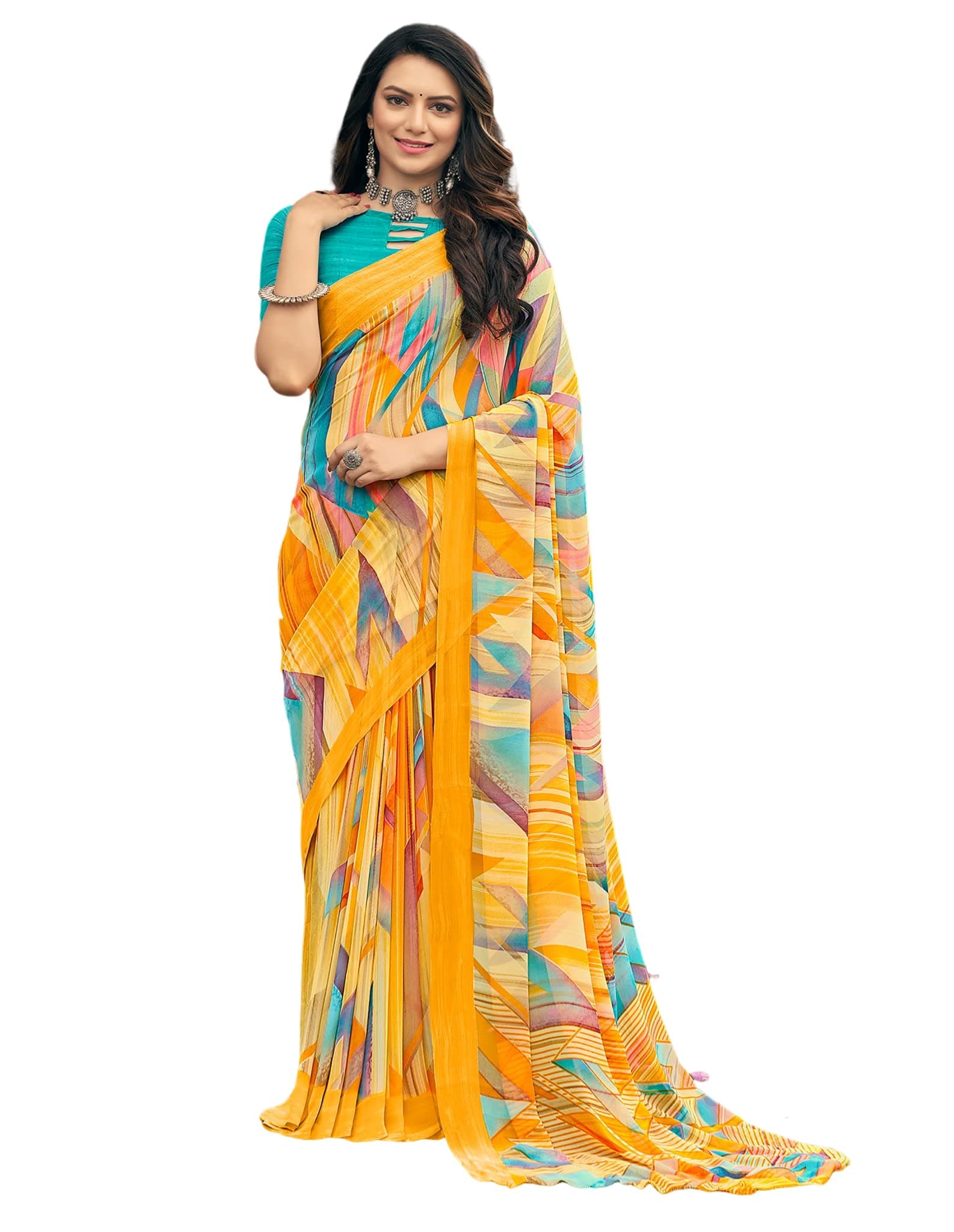 Amazon Brand - Anarva Anarva Women's Traditional Printed Georgette Saree With Blouse Piece(Ragaa-22605A), Yellow