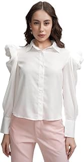 Tokyo Talkies Women's Solid Shirt-Style Top | Button-Down with Balloon Sleeves & Cuffs for A Bold Yet Elegant Look | Tops for Woman | Women Tops | Stylish Top
