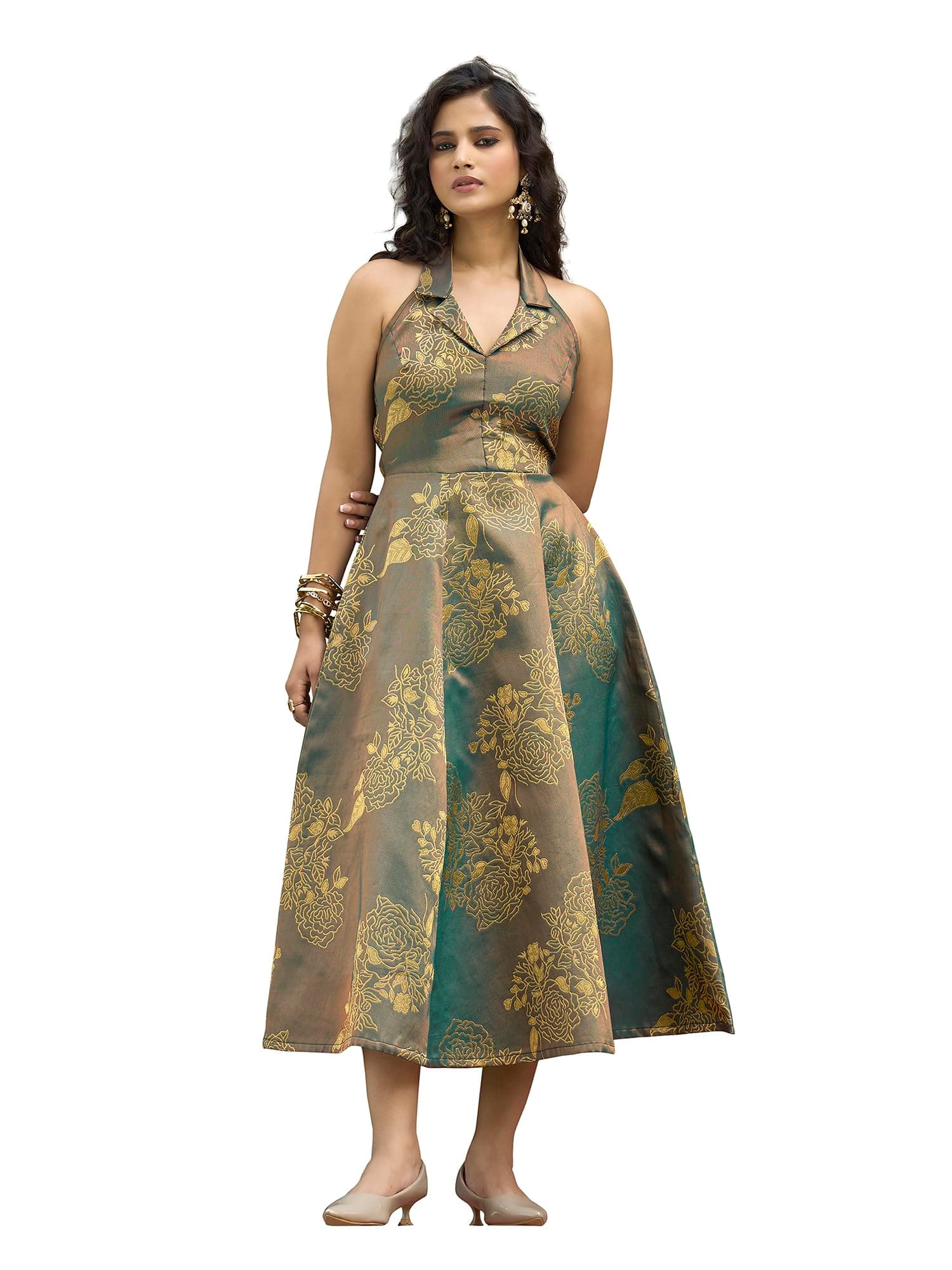 PURVAJA Women's Fit and Flared Midi Length Sleeveless Halter Neck Emblished Dress