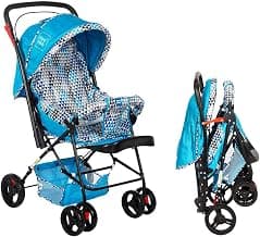 Mee Mee Baby Stroller Pram 3 Position Seating Reversible Handle Fully Rotating Wheels for Newborn Baby/Kids, 0-4 Years, Light Blue