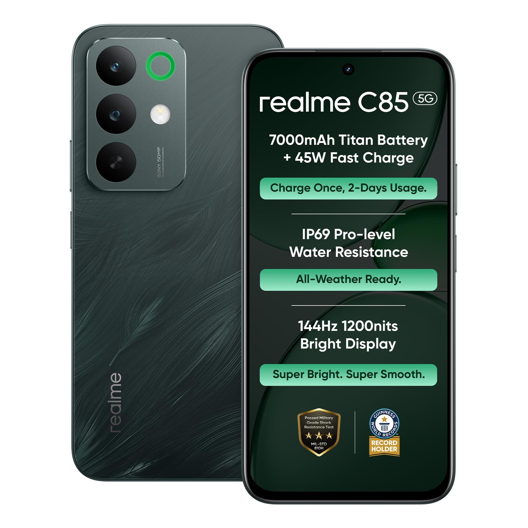 realme C85 5G Smartphone 6+128GB Green | 7000mAh Battery, 45W Fast Charge, 6.8 inch Screen, 144HZ Vision Display, Rear 50MP+Front 8MP Camera, Dimensity 6300, IP69