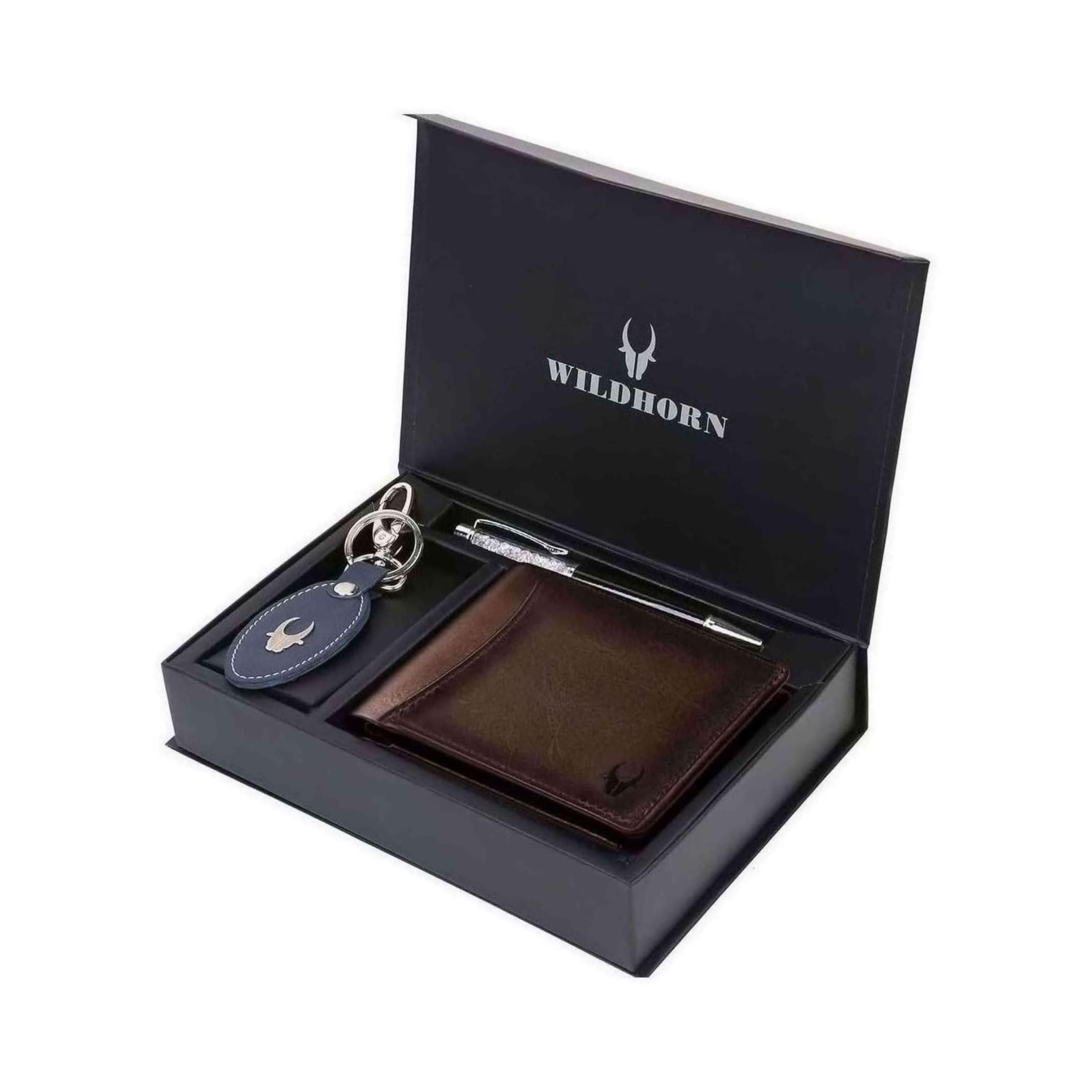 WildHorn Leather Wallet, Keychain & Pen Combo I Gift Hamper for Men (Carob Brown)