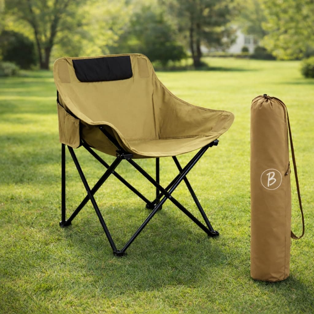 BTfash Foldable Camping Chair with Carry Bag, Portable Outdoor Folding Chair for Camping, Picnic, Garden and Travel, Heavy Duty Metal Frame.(FURNTR002_Khakhi)