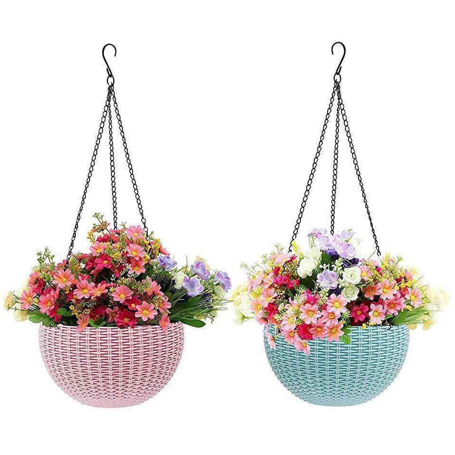 Livzing 2 Pcs 6 Inch Plastic Hanging Flower Pot | Self Watering Pots with Inner Tray & Drainage Bush | Wall Hanging Flower Pot with Chain (Approx-17 in) | Balcony Planter for Home, Office, Restaurant