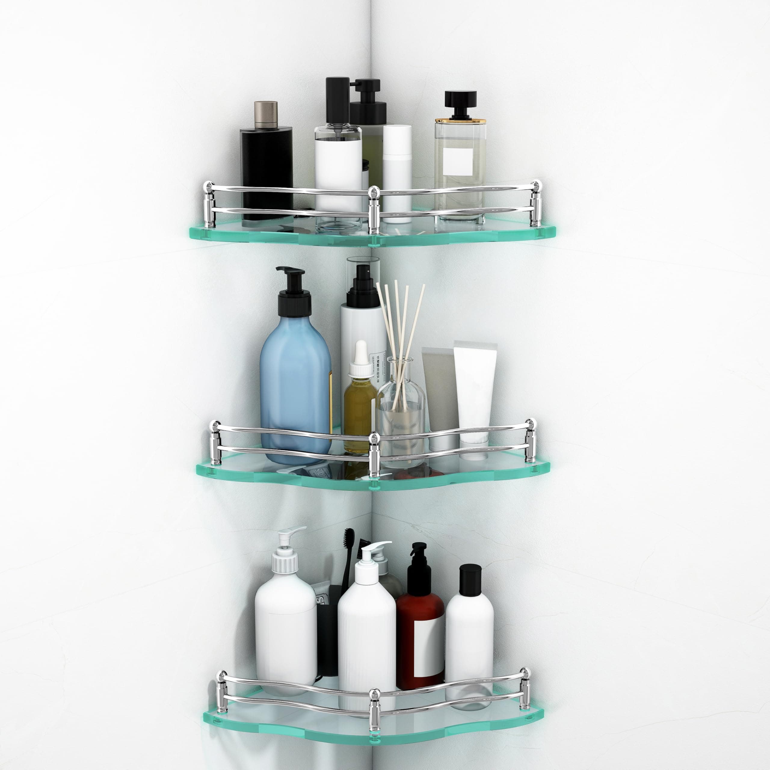 Plantex Glass Corner Shelf for Bathroom Wall/Kitchen Corner Shelf/Bathroom Glass Shelf-Flower Shape (Transparent -9x9 Inches - Pack of 3)