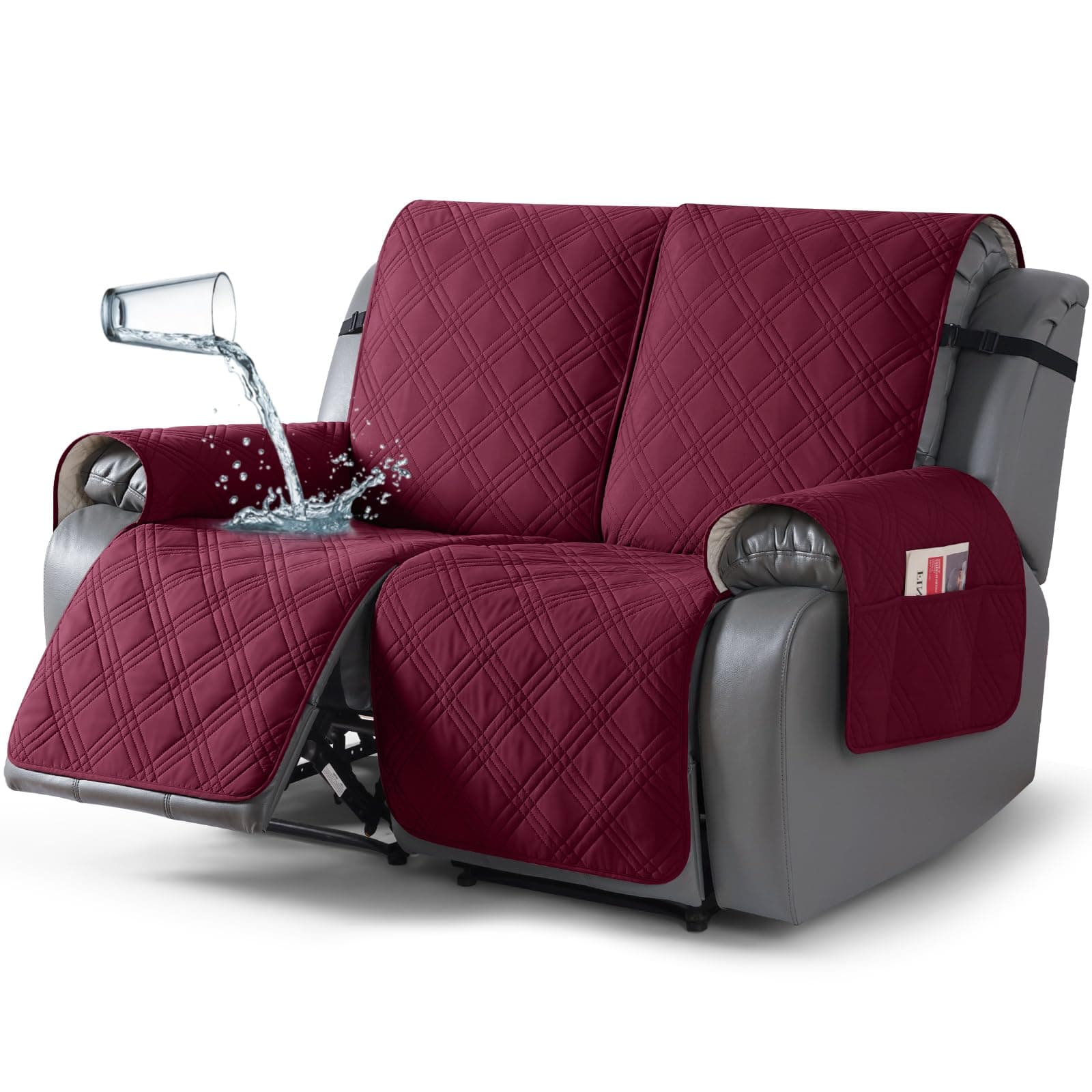 TAOCOCO 100% Waterproof Loveseat Recliner Cover, Non Slip Split Loveseat Covers for Reclining Loveseat with Elastic Straps, Washable Recliner Chair/Furniture Protector for Pets(2 Seater, Wine)