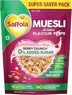 Saffola Muesli 0% Added Sugar Berry Crunch 700 gm | High Protein & High Fibre to help Manage Weight | Muesli with Flavour Pops