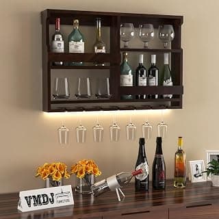 Wooden Wall Mounted Wine Rack, Bar Cabinet with Glass Storage, Wall Hanging Mini Bar for Home Wine Rack | Holder Upside Down Glass Hanging Organizer (Walnut)
