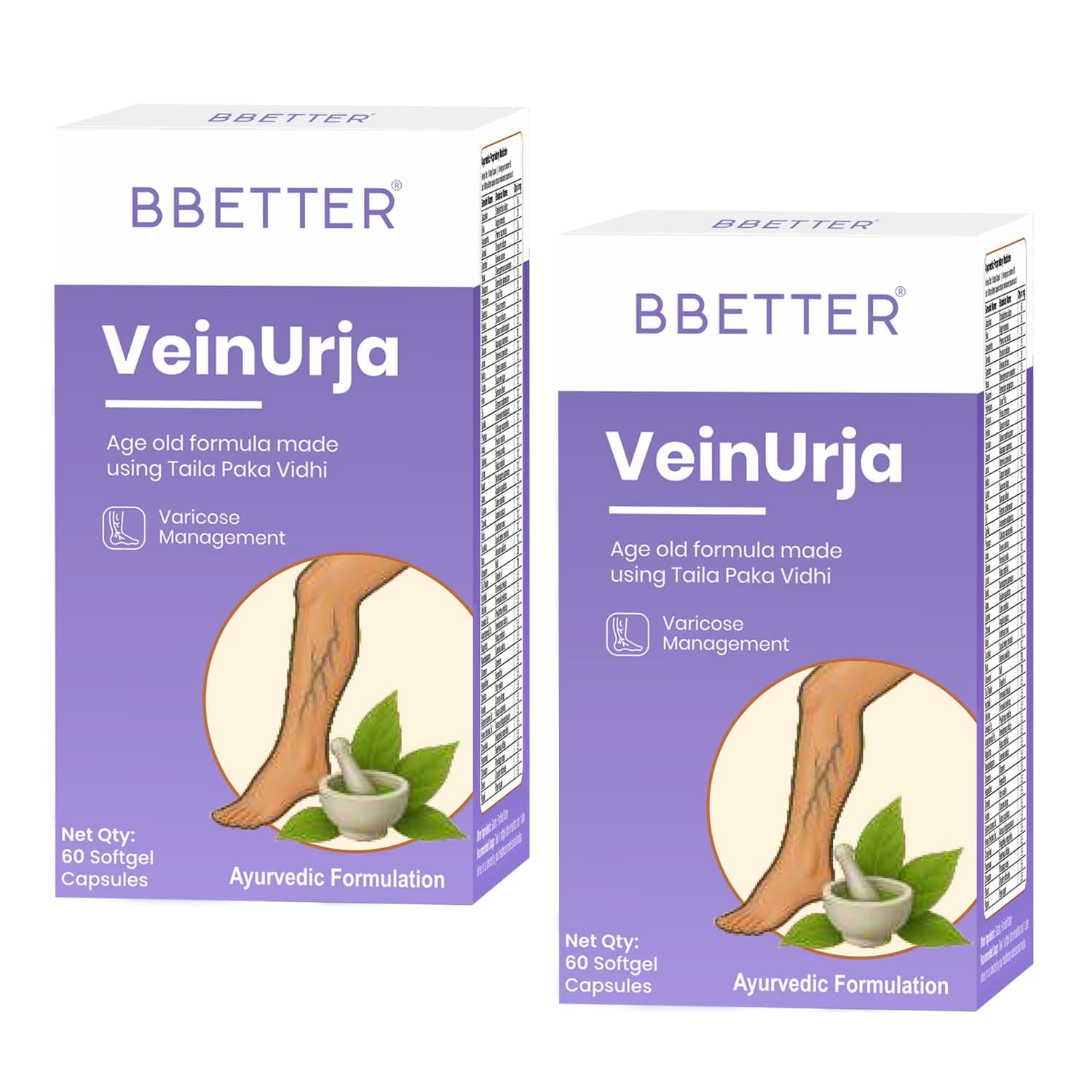 BBETTER VeinUrja Varicose Vein Support | Ayurvedic Supplement for Leg Swelling, Heaviness & Pain Relief | Natural Circulation & Vein Health Formula | 120 Softgels