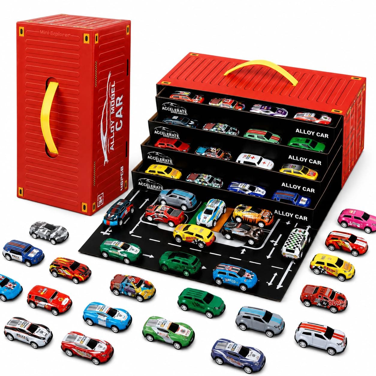 MiniExplorer 48 Pcs Pull Back Cars Set for Kids | Racing Toy Cars Bulk Pack with Storage Container & Play Mat | Mini Alloy Vehicle Set for Boys & Girls 3-8 Years | Return Gifts, Party Favors