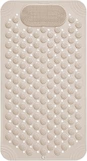 VHKD PVC Bathroom Door Bath mat Anti Slip Skid with Foot Scrubber for Room Shower Suction Cups Drain Holes Silicone Floor mat Rectangle (Beige) 70x35cm