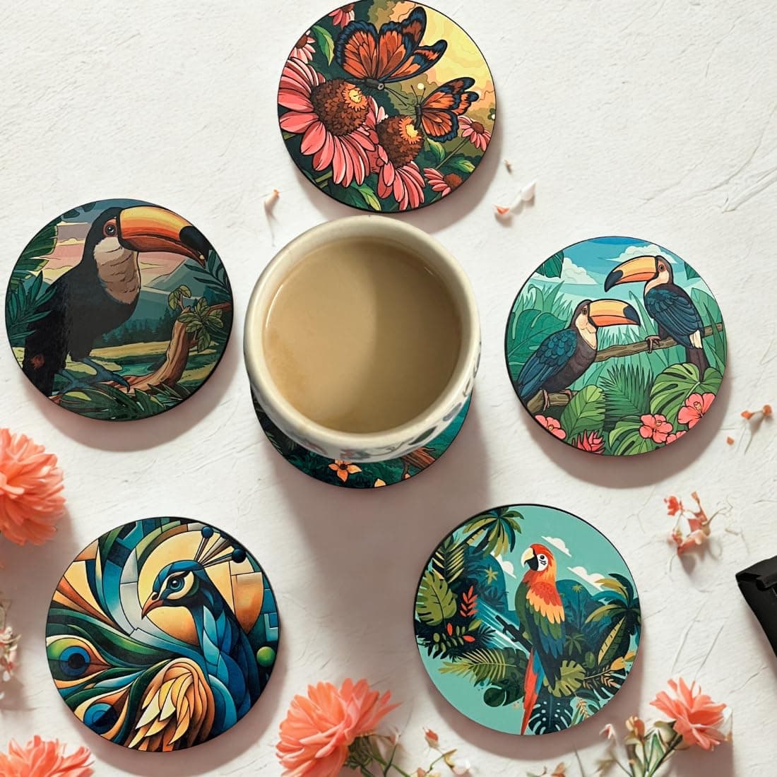 Zesta Coasters for Cups Set of 6 / Wooden Coasters for Bar Accessories for Home/Tea Coaster Set of 6 / Waterproof Dining Table Decor Glass Cover (Birds, Circle)