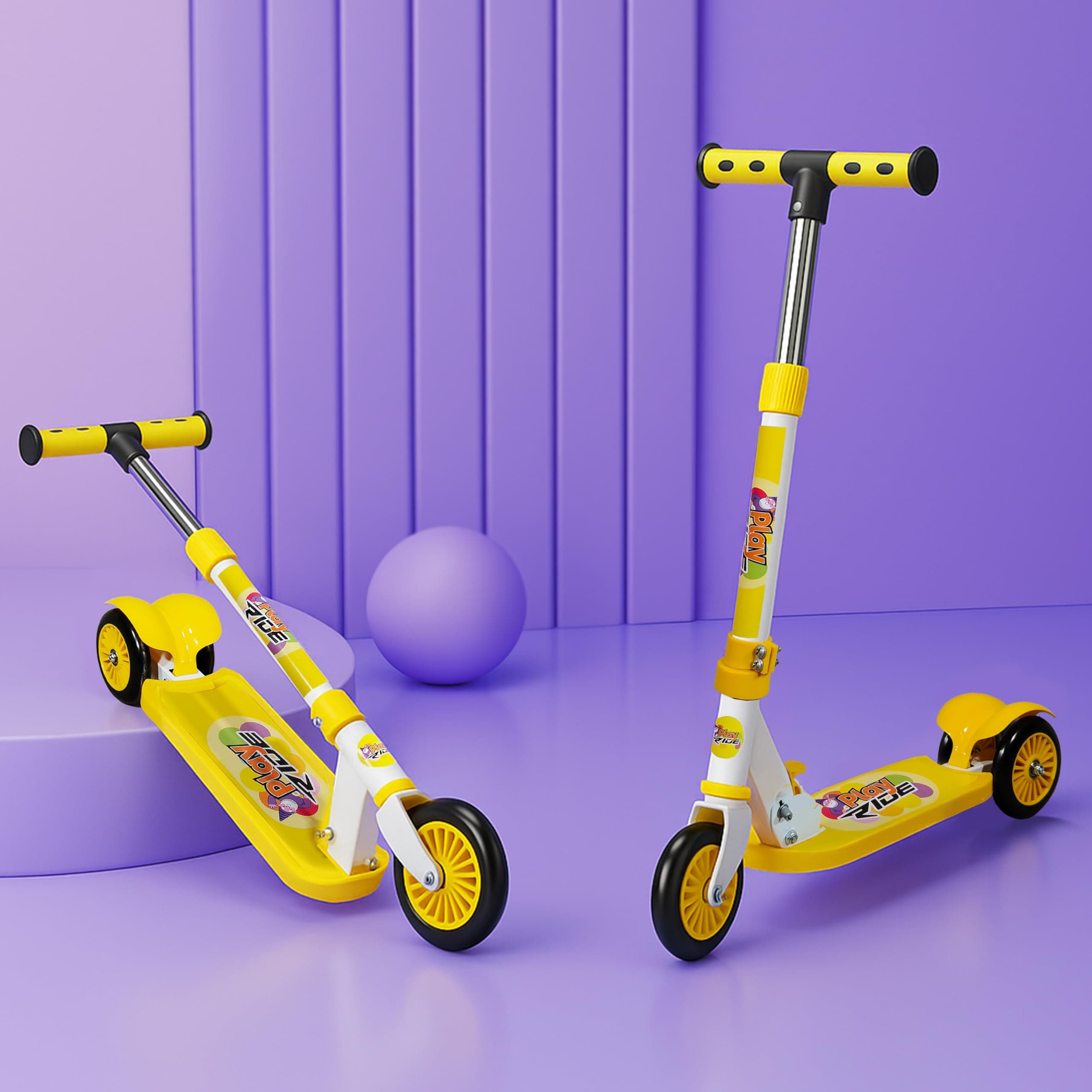 Kidsmate Play Ride 3‑Wheel Metal Kick Scooter for Kids | Adjustable Height, Foldable & Lightweight | Safe & Fun Outdoor Ride‑On Toy for Boys & Girls for Age 3+ yrs, Max User Weight 50 Kg (Yellow)
