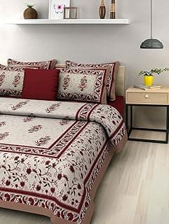 BedZone 100% Cotton Rajasthani Jaipuri Traditional Floral King Size Double Bedsheet with 2 Pillow Covers - Multicolor, 180-200 tc