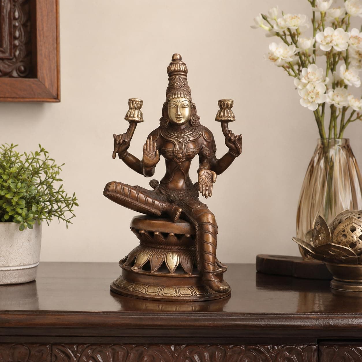 Kartique Brass Lakshmi Idol on Lotus, 12 Inch for Home Temple (Bronze) | Handmade