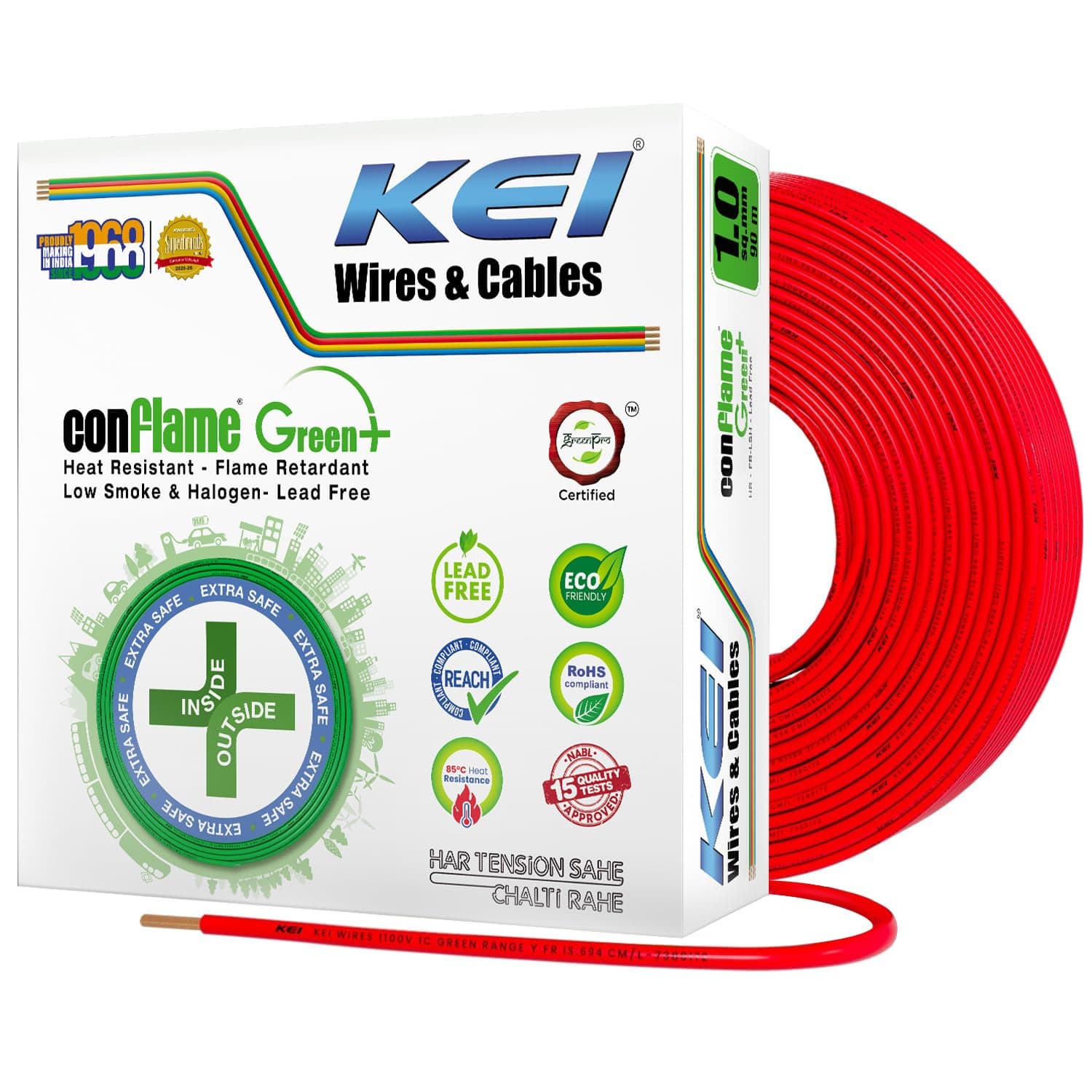KEI CONFLAME GREEN PLUS 1 sqmm 1 Core, 99.97% Pure Copper Conductor,Flame Retardant Low Smoke & Halogen - Lead Less Insulation House Wire for Domestic & Industrial Electrical Wiring (Red, 90 Meters)