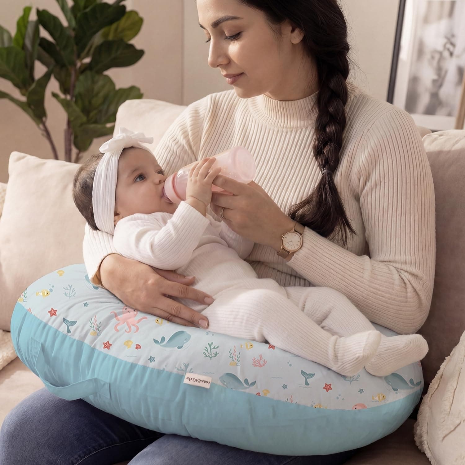 haus & kinder Baby Feeding Pillow for New Born Baby, Breastfeeding & Nursing Pillow with Removable Cover, Infant Support Cushion for 0–24 Months, Tummy Time Pillow (Vitamin Sea)