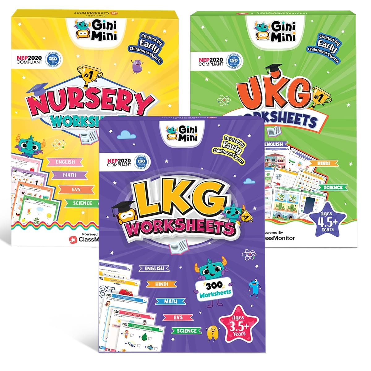 GiniMini Nursery + LKG + UKG 900+ Worksheets Bundle | English, Math, EVS, Science & Hindi | Complete 3-Year Preschool Learning Kit with Stickers, Pencils & Answer Sheets | Ages 2.5–7 Years
