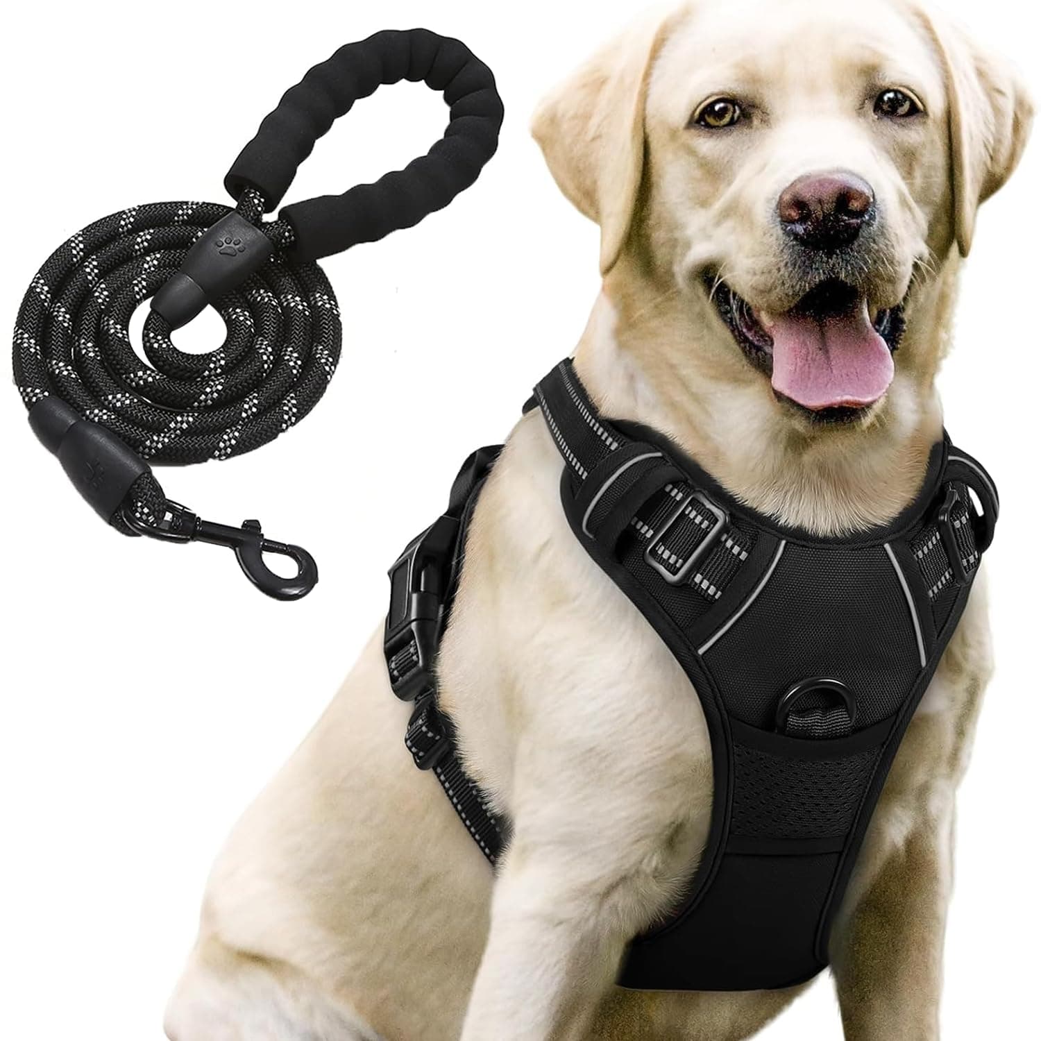 Lyrovo Adjustable No-Pull Dog Harness with Leash Set for Small, Medium & Large Dogs – Reflective, Breathable, Comfortable Vest Harness for Training & Walking (Black, XL (35-60Kg))