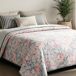 haus & kinder Cotton Dohar for Single Bed | Lightweight Summer AC Blanket | 3 Layer Soft Breathable Reversible 100% Cotton Quilt for Bed | Sakura Whisper Grey Floral Design | 144 TC | 220 x 142 cm