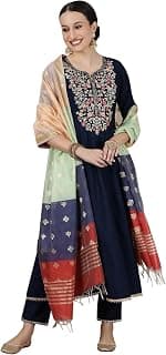 Aurelia Women’s Yarn Dyed Flared Kurta Set with Trousers and Dupatta for Women
