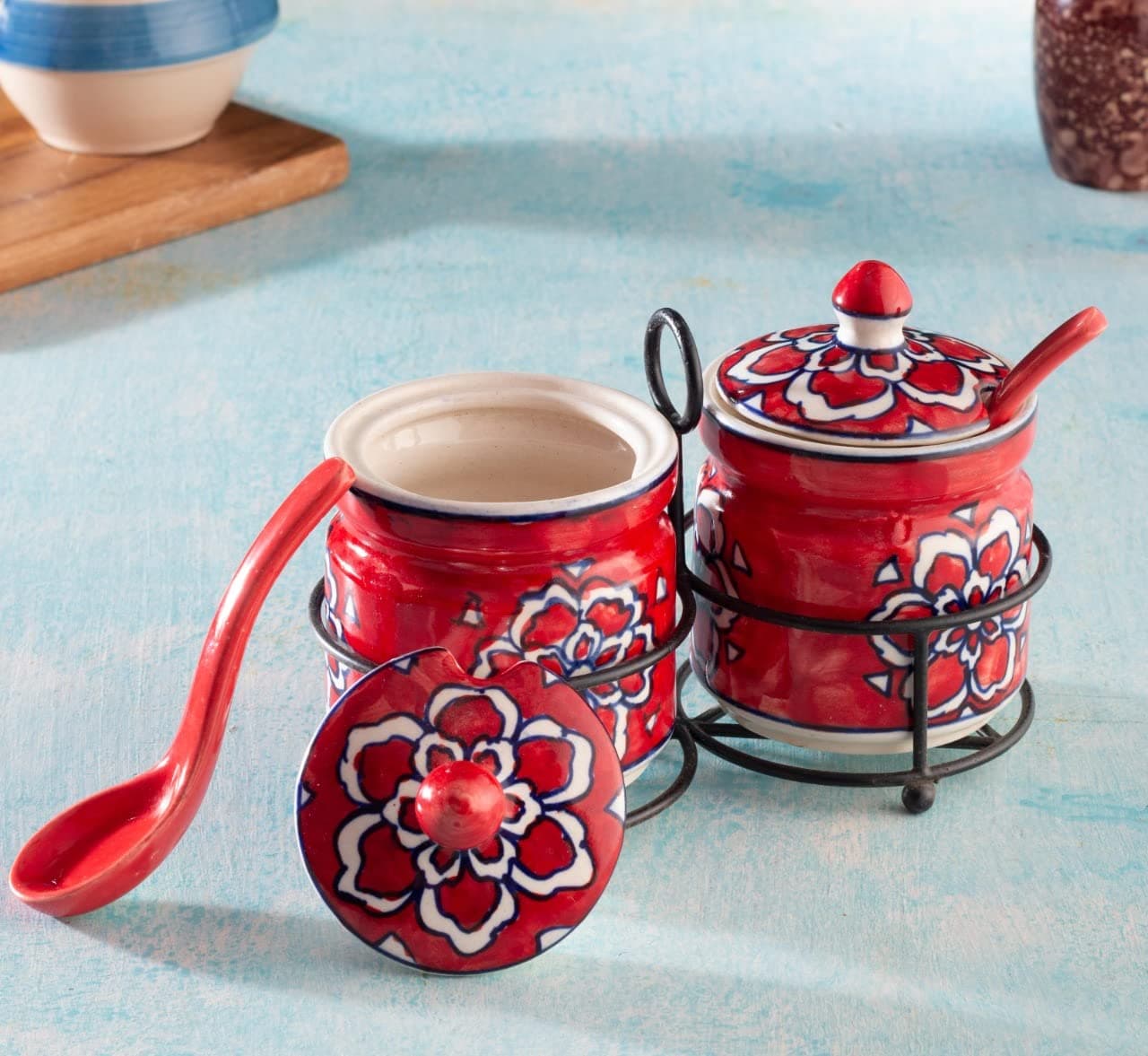 Hs Hindustani Saudagar Ceramic Jar Set with Iron Stand, 2 Spoon & Matching Lid for Storage Pickle (Red), 300 ML