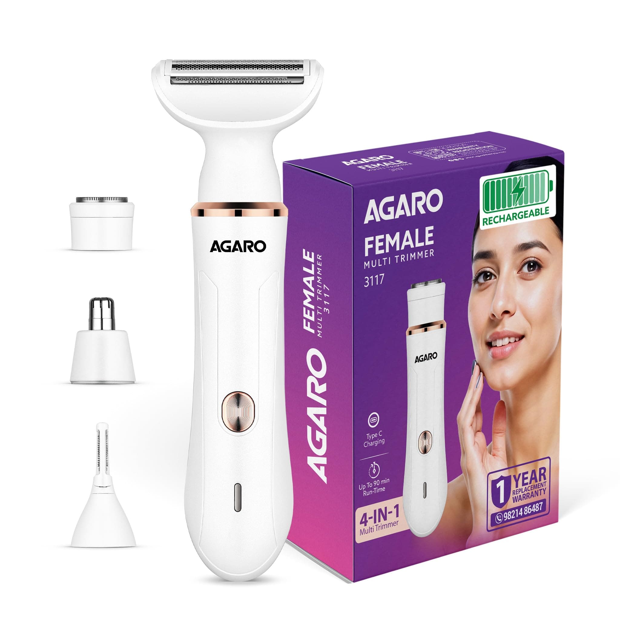 AGARO Female Multi Trimmer – Facial Hair Removal Machine, Bikini Trimmer, Eyebrow & Nose Hair Trimmer Painless body hair trimming Type-C charging, up to 90 minutes runtime, White 3117