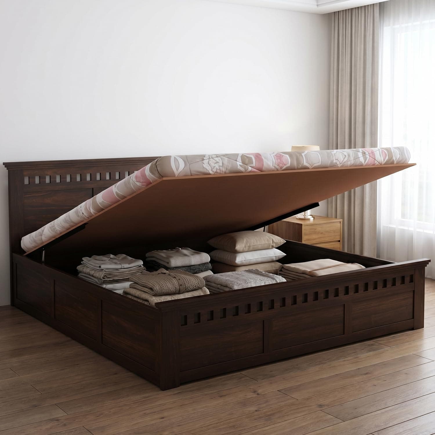 GHROYAL Sheesham Wood Kuber King Size Bed with Hydraulic Box Storage and Headboard | Wooden Double Bed Cot Palang Furniture for Bedroom, Living Room, Hotels, and Home (Walnut Finish-1 Year Warranty)