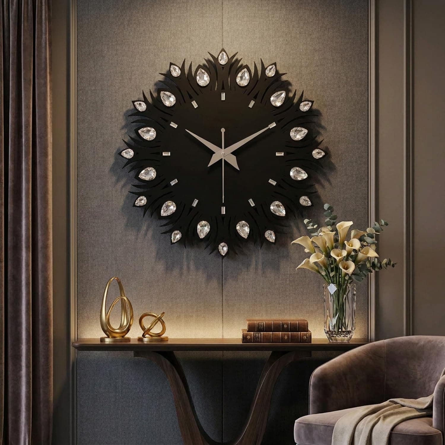 RANDOM Wall Clock, Black, MDF, 30cm, Crystal Embellishments, Silent Movement, Glossy Finish, Lightweight Wall Mount