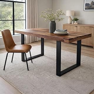ANGEL FURNITURE Oakland Dining Table Pure Sheesham Wood Top with CR Iron Leg (Plain Legs, 140x90)
