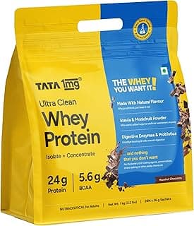 TATA 1MG Ultra Clean Whey Protein Isolate + Concentrate - Chocolate 1kg (2.2 lbs)| 24g Protein, 5.6g BCAA & 30B CFU Probiotics | Lab-Tested, No Added Sugar, No Adulterant, Easy to Digest | 28 Sachets