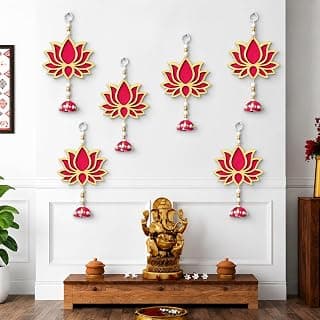 PANCA Lotus Wall Hanging with Jhumki - Set of 6 | Pink/Raani Artificial Flowers Bunch | Decorative Wall Hanging for Pooja Room, Mandir, Door, Varalakshmi & Diwali Festival Home Décor